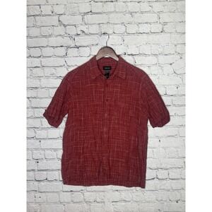 Claiborne Mens Red Plaid Linen Blend Short Sleeve Button Up Shirt Size Medium